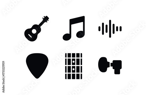 flat black solid icon items isolated on white background: acoustic guitar music note sound wave guitar pick fretboard neck tuning peg