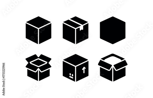 flat black solid icon items isolated on white background: cardboard box taped seal flat sides shipping open flap packed fill