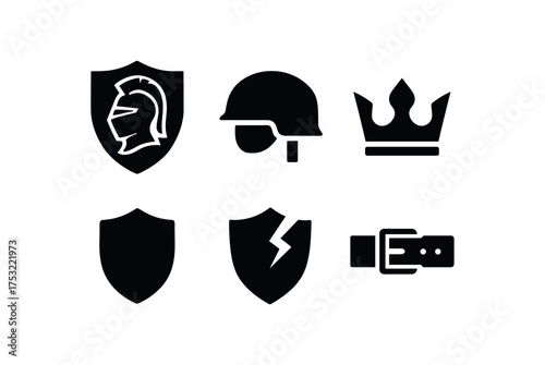 flat black solid icon items isolated on white background knight crest combat helmet crown ridge shield edge battle dent leather strap