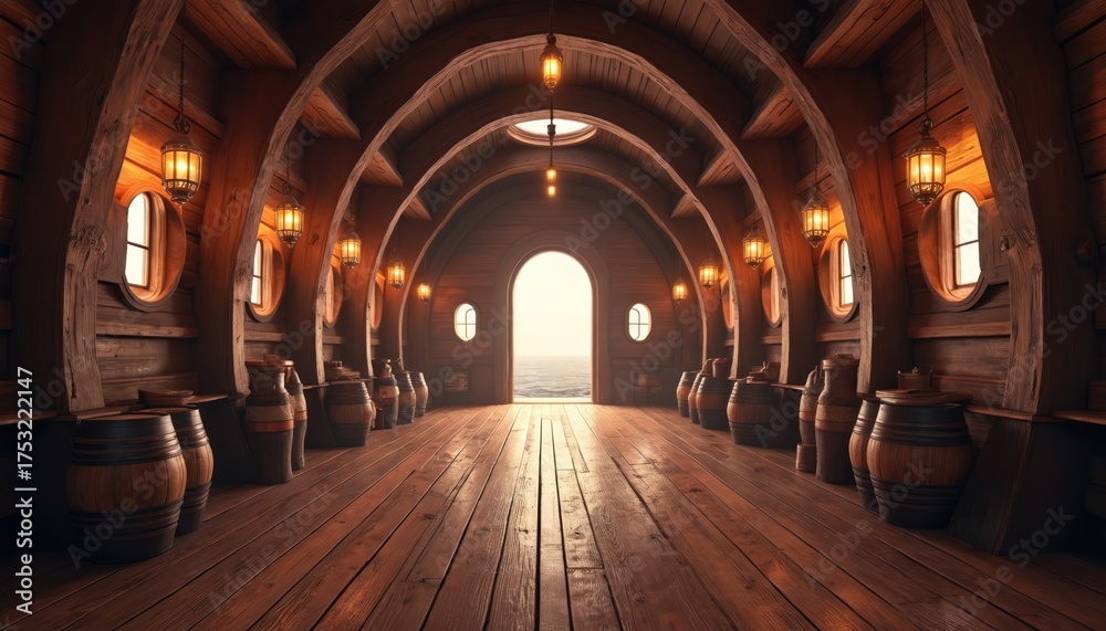 Obraz premium Interior of wooden ship cargo hold with many barrels. Arched wooden beams line the ceiling. Lanterns glow, illuminating the pathway to the ocean view. Old maritime scene.