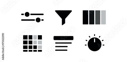 flat black solid icon items isolated on white background: range slider filter bar color scale opacity grid control tab mix knob