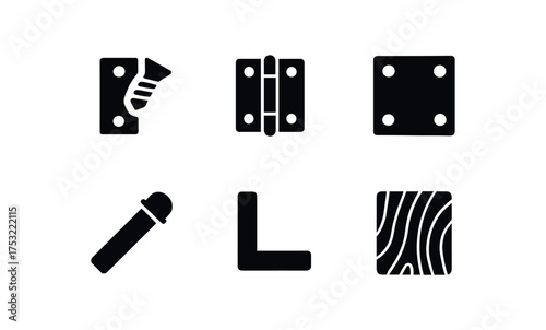 flat black solid icon items isolated on white background hinge screw door hinge metal plate bolt pin frame edge wood plank