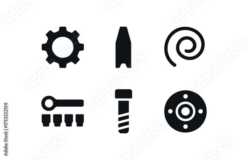 flat black solid icon items isolated on white background notched gear gear tooth clock spring ratchet set bolt pin machine part