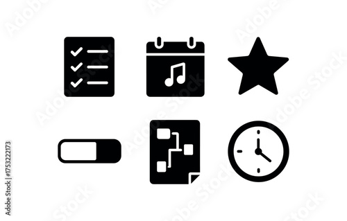 flat black solid icon items isolated on white background: task list calendar note priority progress bar project plan deadline clock
