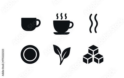 flat black solid icon items isolated on white background cup handle ceramic cup hot steam saucer plate tea leaf sugar cube
