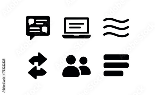 flat black solid icon items isolated on white background: online forum laptop screen thread lines reply arrows user icons text blocks