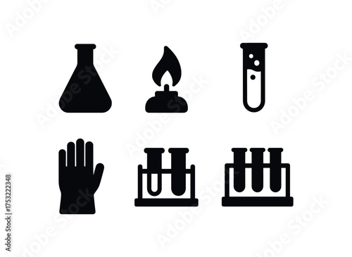 flat black solid icon items isolated on white background conical body flat base burner flame chemical fluid safety glove test tray