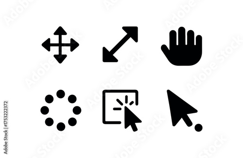 flat black solid icon items isolated on white background: cursor cross resize arrow grab hand loading wheel click box cursor dot