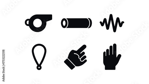 flat black solid icon items isolated on white background whistle hole air slot silver tube sound wave lanyard cord referee hand