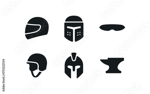 flat black solid icon items isolated on white background helmet visor steel helm eye slit chin strap crest ridge forge mark
