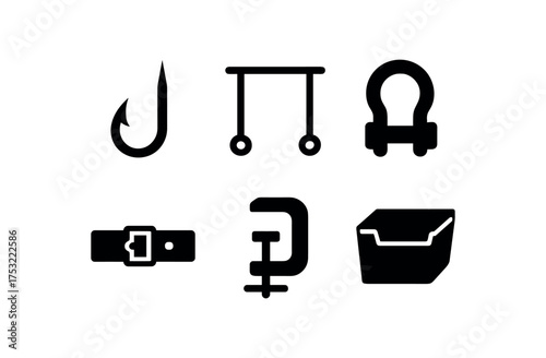 flat black solid icon items isolated on white background spike hook hanging bar shackle ring belt strap clamp jaw storage bin