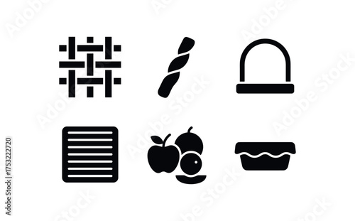 flat black solid icon items isolated on white background basket weave wicker strand handle loop straw mat fruit pile cloth liner