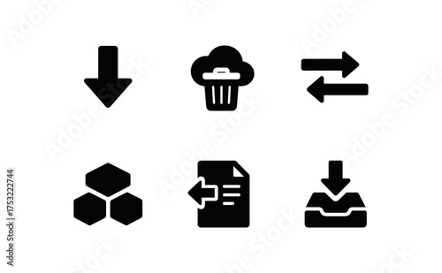 flat black solid icon items isolated on white background: downward arrow cloud bin transfer bar data packet import slip inbox tray