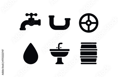 flat black solid icon items isolated on white background spigot tap water pipe valve wheel flow drop sink bowl barrel keg