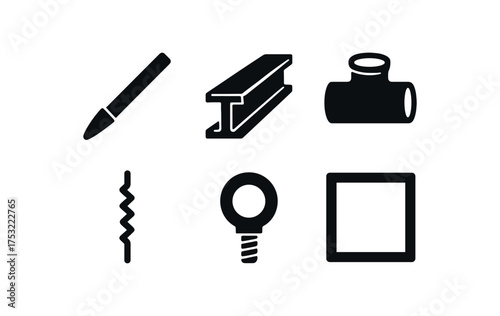 flat black solid icon items isolated on white background tipped iron bar pipe joint weld seam bolt ring frame bar