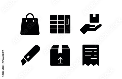 flat black solid icon items isolated on white background: delivery bag parcel locker courier hand unpacking tool package seal receipt slip