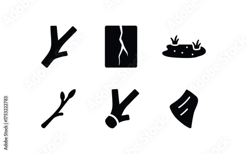 flat black solid icon items isolated on white background split branch bark crack forest floor twig pruning cut wood chip