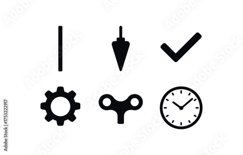 flat black solid icon items isolated on white background shaft hanging bob steady tick gear tooth winding key clock face