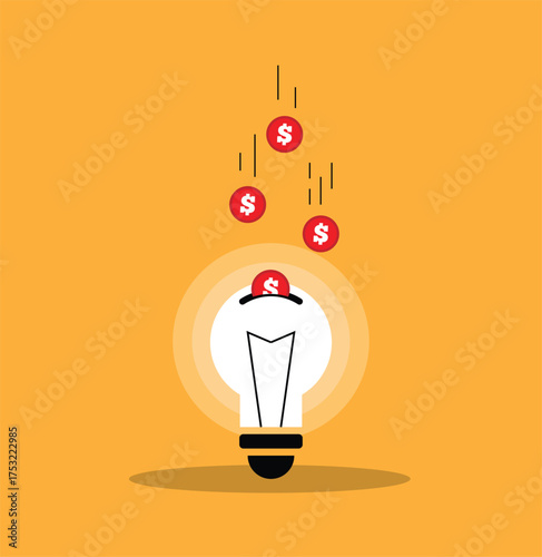 Coins Falling Inside Light Bulb Piggy Bank Colorful Background. Saving money and earning income vector art