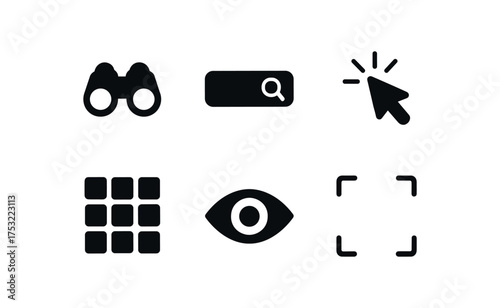flat black solid icon items isolated on white background: binocular lens search field cursor tap filter grid eye view scan frame