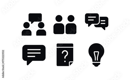 flat black solid icon items isolated on white background: discussion two figures speechs dialogue box question note light bulb