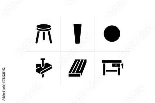 flat black solid icon items isolated on white background stool base wooden leg round nail joint floor plank tool bench