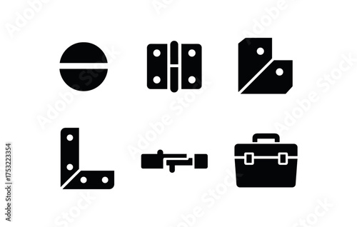 flat black solid icon items isolated on white background screw head hinge pin cabinet joint steel bracket latch bar tool chest