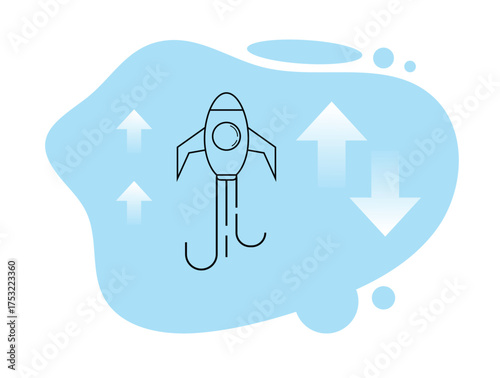 Line Art Rocket Start Up Idea on Blue. Business concept and starting a successful career or business vector