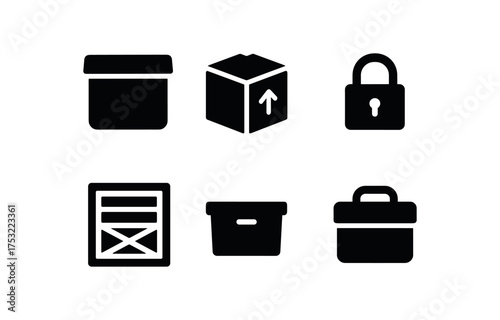 flat black solid icon items isolated on white background: container shipping box lid lock crate lines storage symbol handle grip