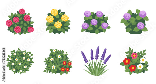 A vibrant set of isolated cartoon flowering bushes for garden and landscape design illustration