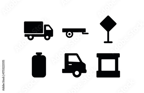 flat black solid icon items isolated on white background: cargo truck trailer load road sign fuel tank driver cab loading dock
