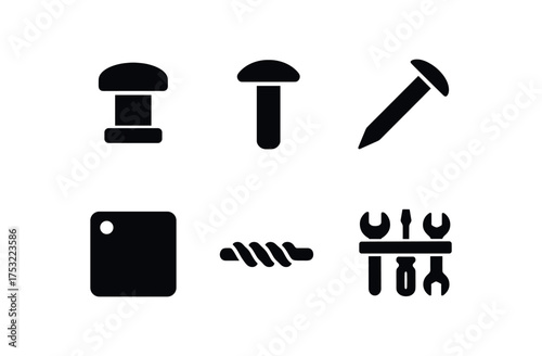 flat black solid icon items isolated on white background metal stud rivet head screw pin iron sheet weld seam tool rack