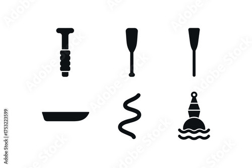 flat black solid icon items isolated on white background paddle grip oar handle blade boat hull river line buoy float