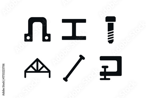 flat black solid icon items isolated on white background metal brace frame rail bolt screw roof truss support clamp bar