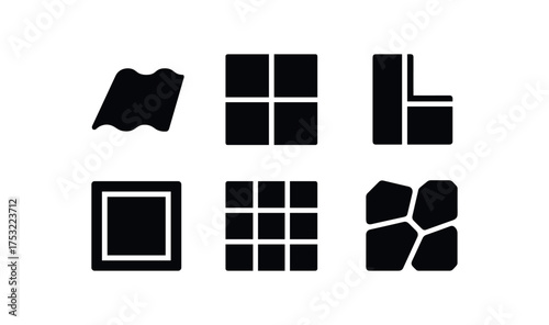 flat black solid icon items isolated on white background ridge line ceramic tile border joint pattern edge frame mosaic piece