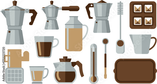 Assorted Coffee Making Equipment Illustration Featuring Moka Pots, Cups, Milk Frother, and Thermometer