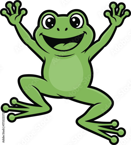 Excited cartoon frog jumping with arms raised and a big smile amphibian illustration