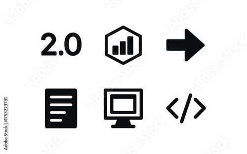 flat black solid icon items isolated on white background: software version chart box arrow note lines screen page code icon