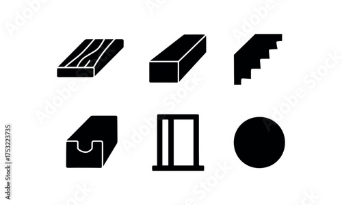 flat black solid icon items isolated on white background plank edge timber beam saw mark groove notch stud nail head