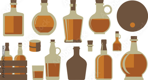 Assorted Decorative Bottles and Barrel with Amber Liquids, Crate, and Glass Still Life