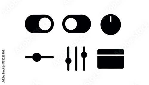 flat black solid icon items isolated on white background: toggle switch on state off state slider bar control knob ui tab