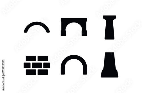 flat black solid icon items isolated on white background span curve bridge arch support pier masonry line roof vault tower base