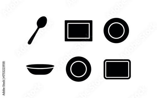 flat black solid icon items isolated on white background spoon handle silver stem scoop bowl table mat soup plate dining tray