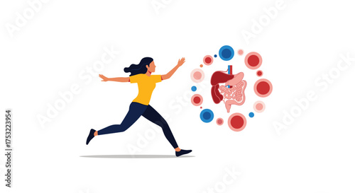 Woman running from a virus entering her digestive system.