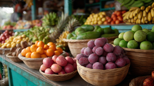 Bustling market stall with tropical fruit abundance, economic prosperity in fresh trade, market vitality through vibrant sales, agricultural abundance in tropical markets, consumer