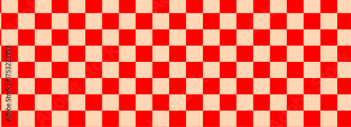 Checkerboard banner. Red and Apricot colors of checkerboard. Small squares, small cells. Chessboard, checkerboard texture. Squares pattern. Background. Repeatable texture.