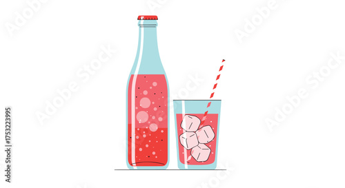 A refreshing glass of pink beverage with ice cubes and a straw next to a tall bottle filled with the same drink.