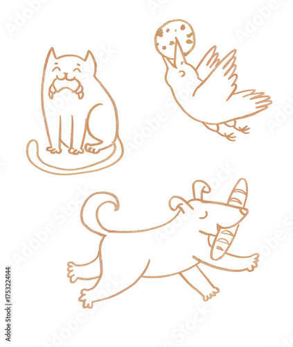 Hand drawn line art illustrations set of cafe animal mascots. Dog with bread, cat and bird eating pastry, line drawing. 