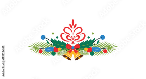 A festive holiday decoration featuring colorful baubles pine needles and jingle bells on a white background.