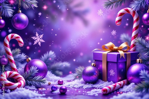 Festive holiday scene featuring a beautifully wrapped purple gift box adorned with a golden ribbon, surrounded by colorful ornaments and candy canes on a snowy backdrop